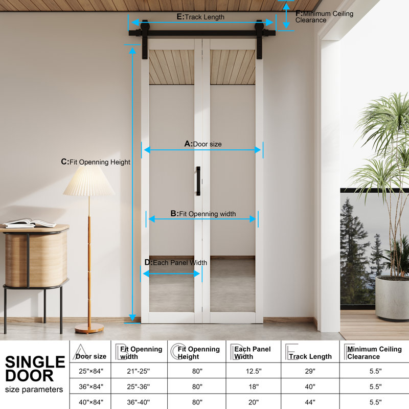 Mirrored Glass Bi-Fold Sliding Single Barn Door with Installation Hardware Kit, 36" x 84"