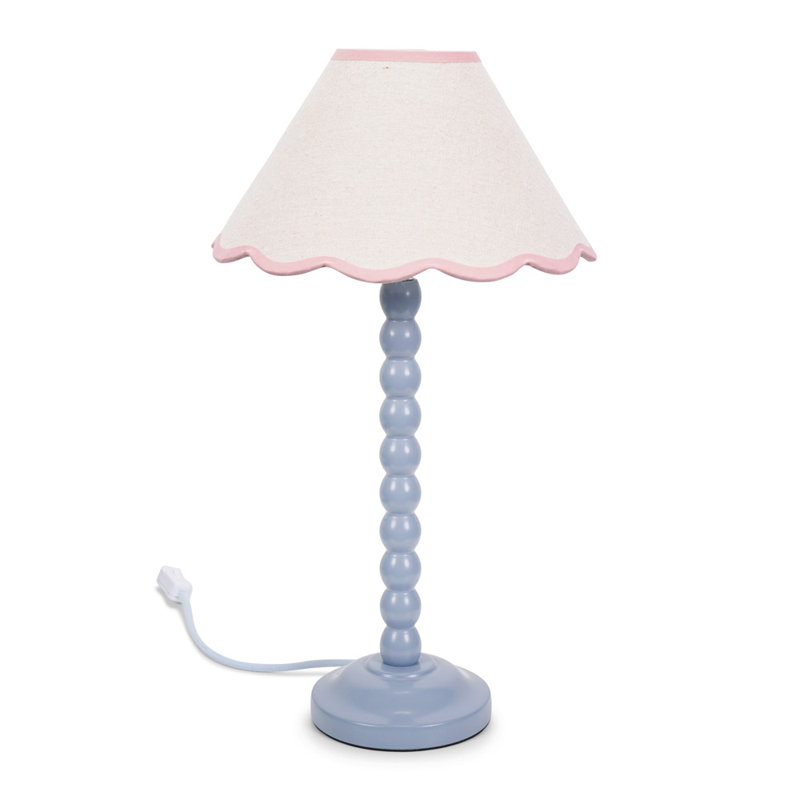 Nephi Bobbins Painted Table Lamp with Tapered Natural Linen Trim Scallop Shade, No, Blue, Natural Linen with Pink Trim