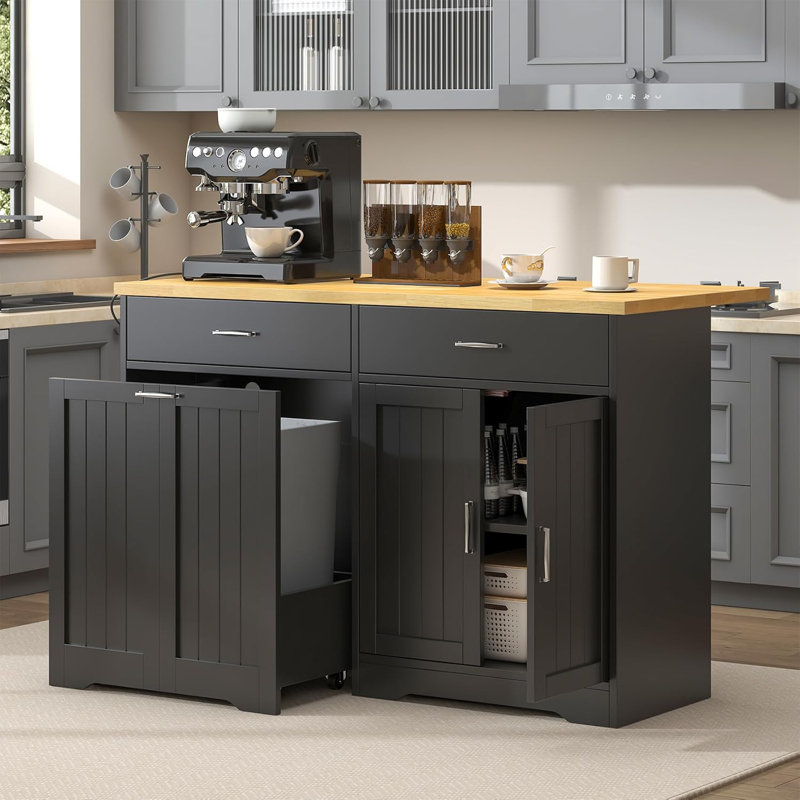 55.1" Kitchen Island with Power Outlet & Drop Leaf, Rolling Kitchen Carts with Trash Storage Cabinet,Black, Black