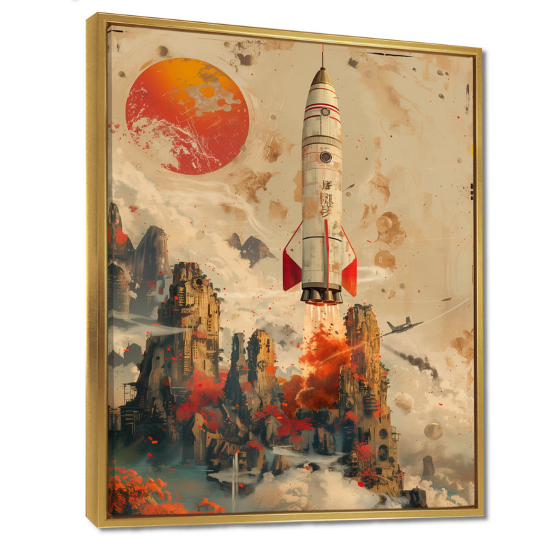 Fusée orange dans l'espace I - art mural de fusée, salon, Cadre flottant doré, H 16 po x l 32 po