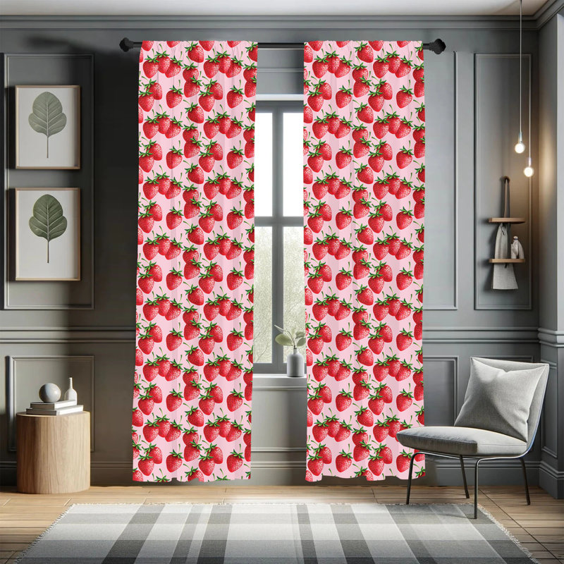 Strawberry Print White Polyester Rod Pocket Curtain Panels, 28" x 63"