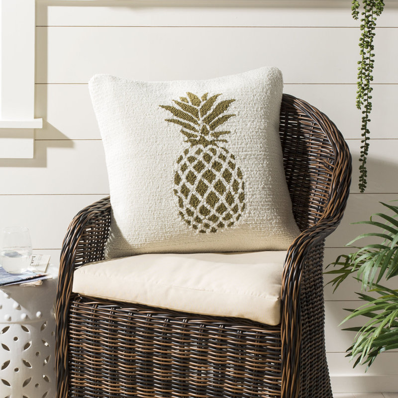 Ivory and Gold Embroidered Pineapple Outdoor Throw Pillow