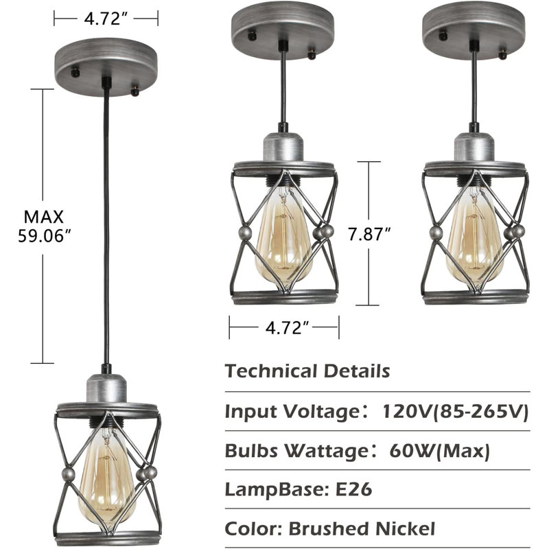 Luminaire suspendu industriel pour îlot de cuisine, mini luminaire suspendu cage rustique, luminaire suspendu de style campagnard avec gris argenté réglable pour la salle à manger, le couloir, le vestibule, la chambre à coucher
