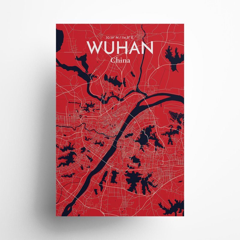 Carte de la ville de Whan, impression, Rouge / Bleu marine, H 36 po x l 24 po