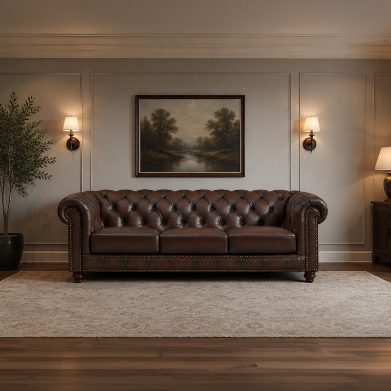 Anitza 91" Top Grain Leather Chesterfield Sofa