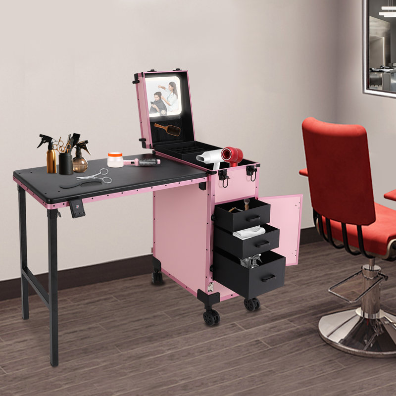 Table de manucure roulante pliable avec 3 tiroirs, Rose