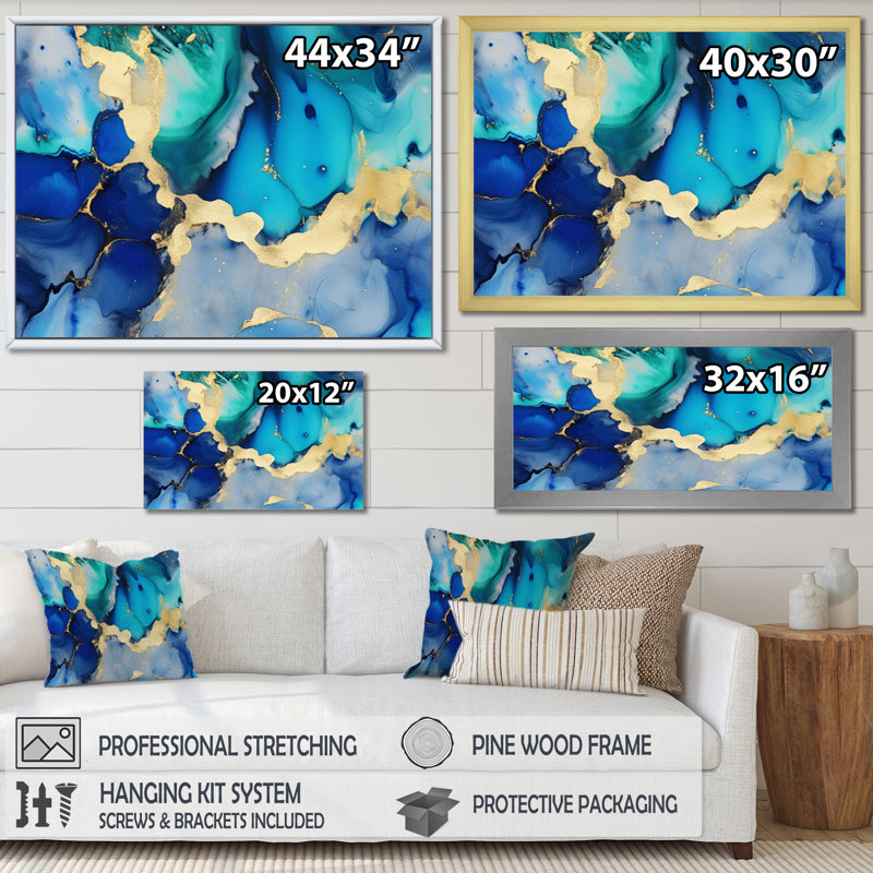 «Blue and Gold Luxury Abstract Fluid Art VII», reproduction d'art sur toile, H 16 po x l 32 po x P 1 po, Cadre flottant noir