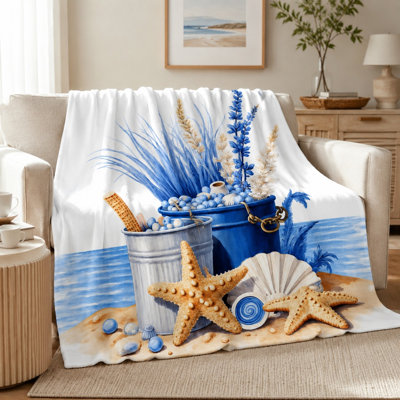 Cozy Flannel Fleece Throw Blanket - Beach Watercolor Art Pattern, Starfish Seashell Bucket, Soft, Lightweight, Breathable, All-Season, Skin-Friendly, Machine Washable, Decorative, for Sofa, Couch, Living Room and Bedroom