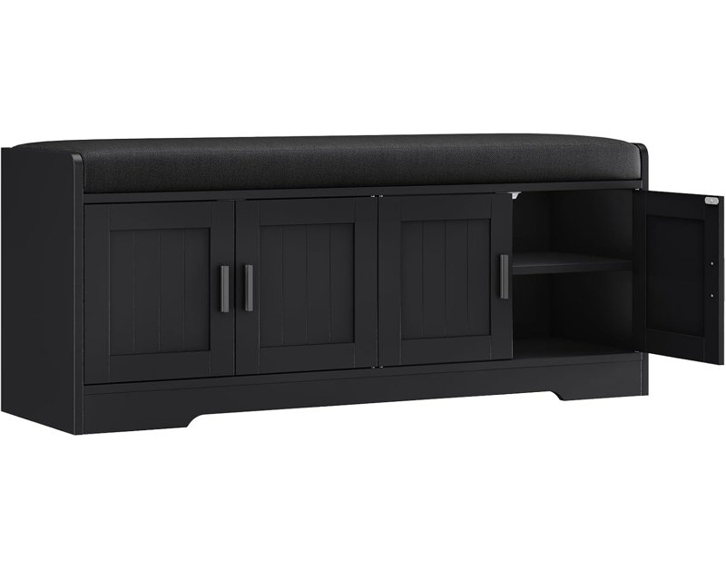 Banc de rangement 45 po avec coussin à 2 niveaux et coussin rembourré, Noir