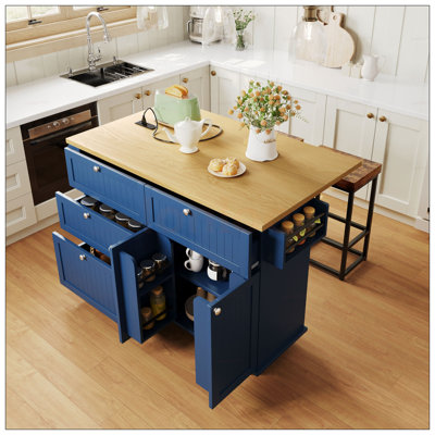 Farmhouse Kitchen Island With Drop Leaf And 2 Seatings, Ample Storage And Power Outlet For Modern Kitchens