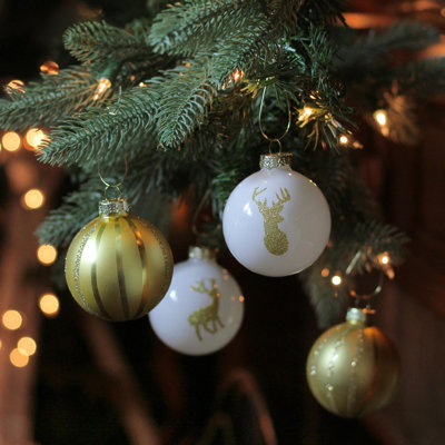 Boules de Noël en verre à rayures blanches et dorées de 4 pièces 3,5 po (90mm)