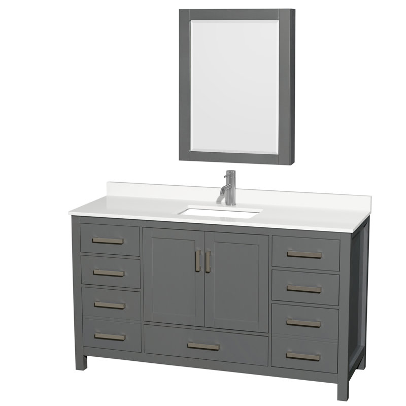 Sheffield 60" Freestanding Single Bathroom Vanity with Quartz Top with Medicine Cabinet, Dark Gray, Chrome, White Quartz