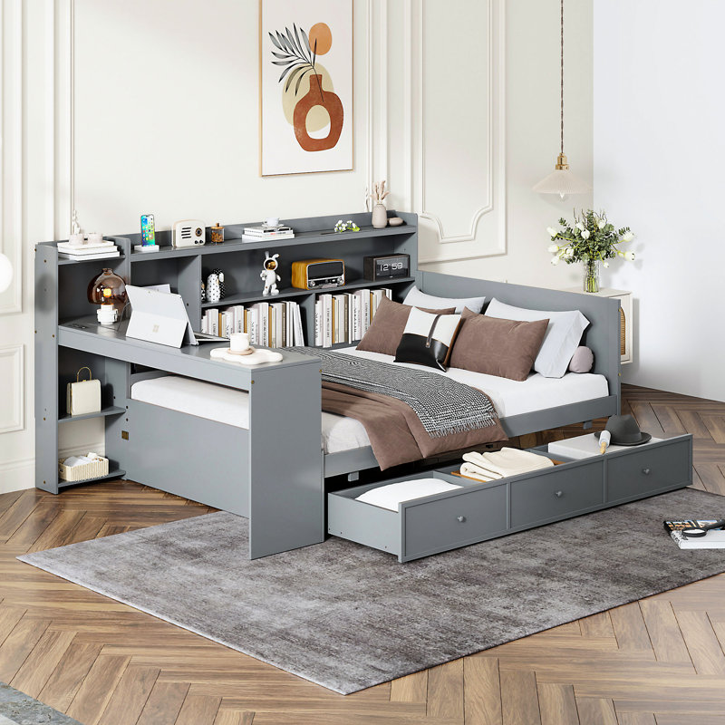 Gray Wooden Daybed With Ports And Desk - Pine Frame For Efficient Bedroom Use 3 Spacious Drawers, Port Made, Gray, Full