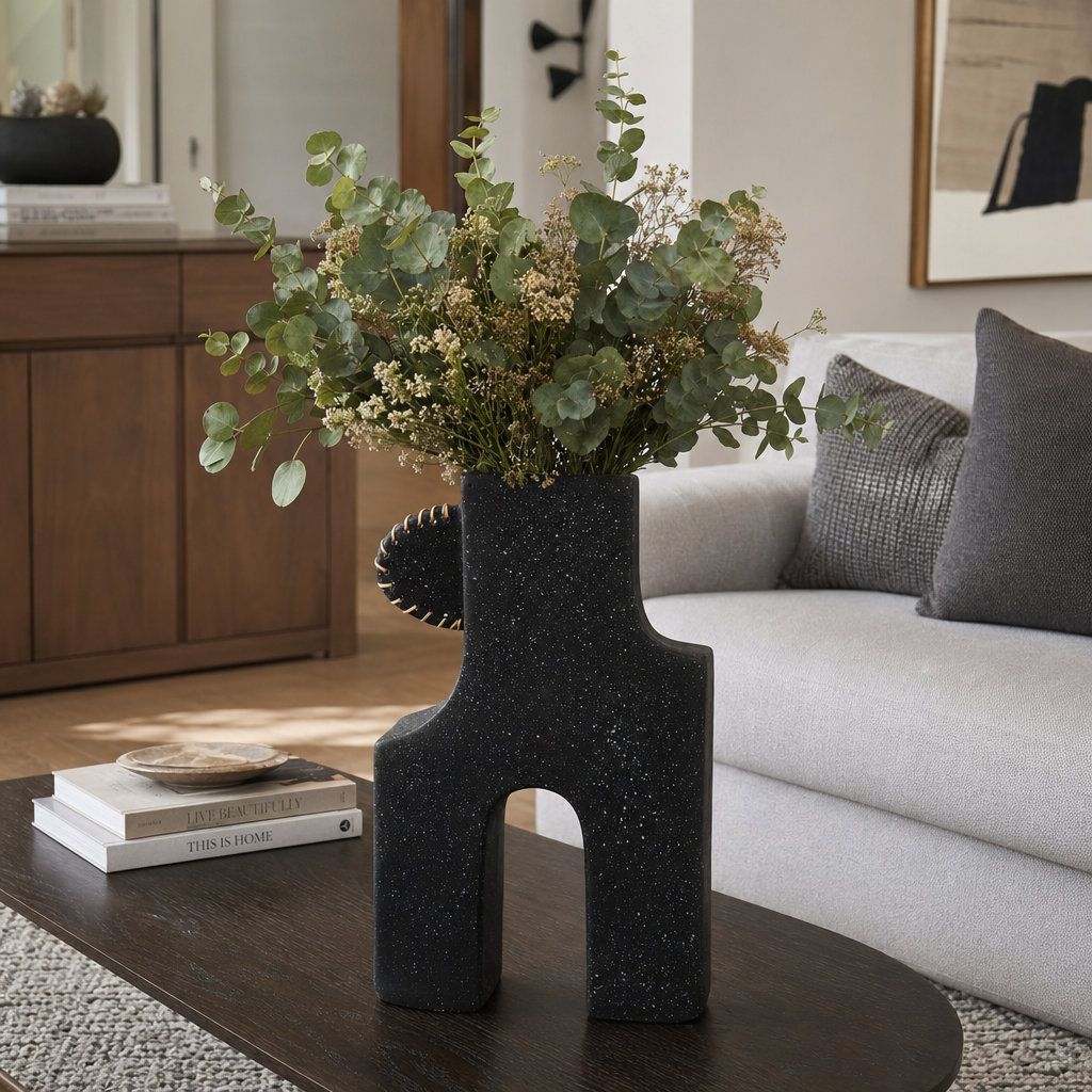Sagebrook Home Wisner Textured Natural Abstract Modern Vase, 19" H x 12" W x 6" D, Black