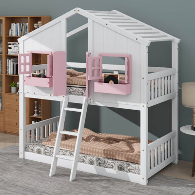 Twin-Over-Twin House-Themed Bunk Bed With Roof, Window, Door, Safety Guardrails