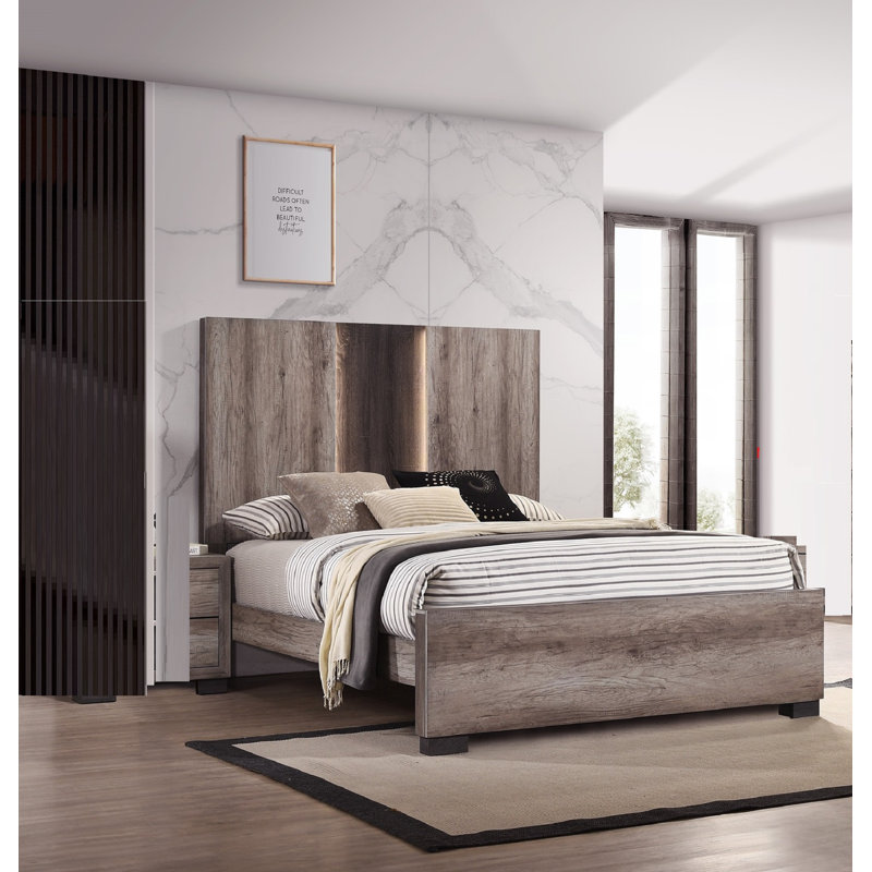 Mobilier de chambre à coucher contemporain, Très grand lit, Beige, brun et gris
