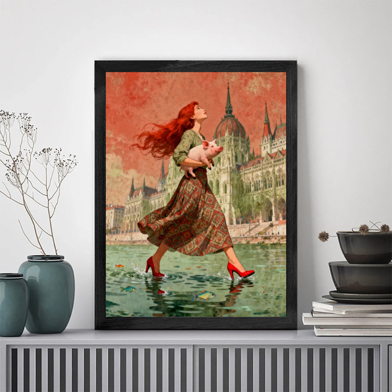 Reproduction d'art encadrée noire rétro sur un cochon, H 37 po x l 25 po