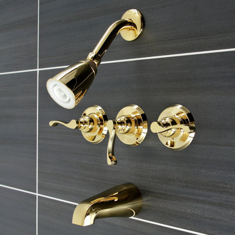 Kingston Brass Royal Triple-Handle Tub and Shower Faucet, Polished Brass