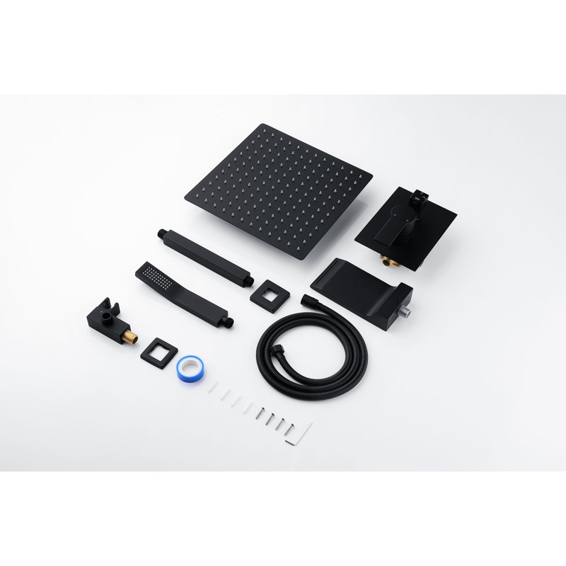 Wall Mounted 12" Shower Machinery Construction Kit, Matte Black, Stainless Steel With Handheld & Waterfall Tub Spout Gear, And