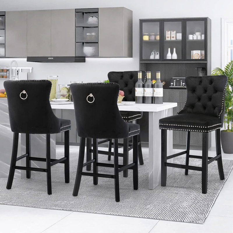 Black Velvet Upholstered Bar Stools with Wood Legs, Set of 4