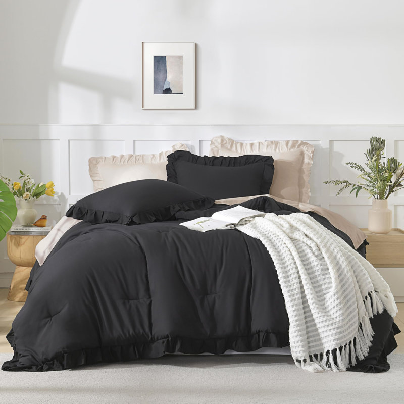 Andency Oversized King Ruffle Comforter Set 120x120, 3 Pieces Black Lightweight Fluffy Super King Bedding Set, Shabby Chic Famhouse All Season Bed Set for Girls Women