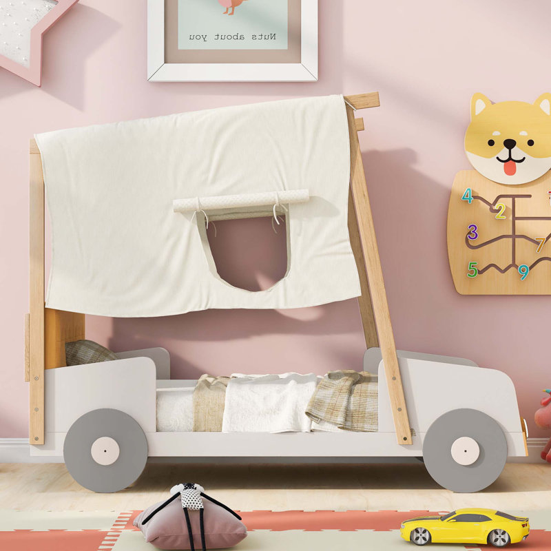 Lit voiture en bois avec coussin, toile de plafond et DEL, Simple