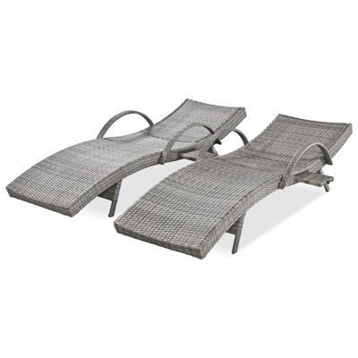 80'' Outdoor Wicker Chaise Lounge Chairs Set Of 2, Patio Rattan Reclining Chair Pull-Out Side Table W/ 5-Level Adjustable Backrest Ergonomic Wave Design Pool Sunbathing Recliners, Grey