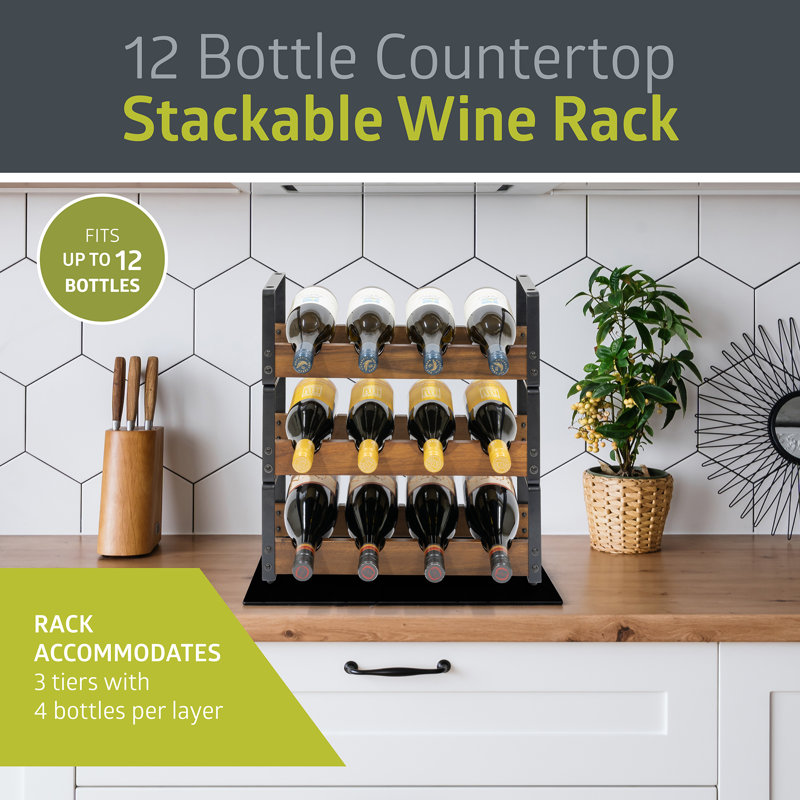 12 Bottle Rustic 3 Tier Stackable Wine Rack Freestanding Organizer