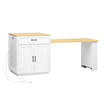 82.7 Inch Kitchen Island With Extendable Table For 2-6, White Cabinet, Double Storage, 2 Ac Outlets, Port, Type-c Side Storage Dining White, Double