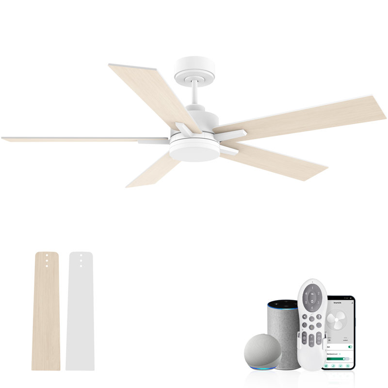 Ventilateur de plafond moderne à 5 pales avec lumières, télécommande et contrôle Alexa, moteur à courant continu silencieux, à intensité variable, intérieur extérieur