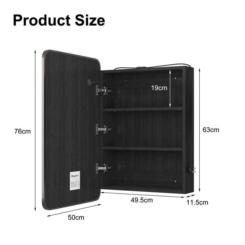 W H Wall Mounted Optional Frameless Medicine Cabinet Mirror 2 Fixed, 76cm H x 50cm W x 11.5cm D