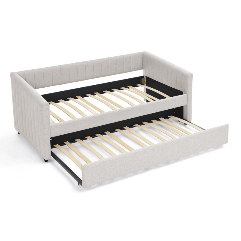 Daybed With Trundle Upholstered Sofa Bed, With Vertical Stripes, Linen Fabric, (82.5"X58"X30"), Beige, Twin