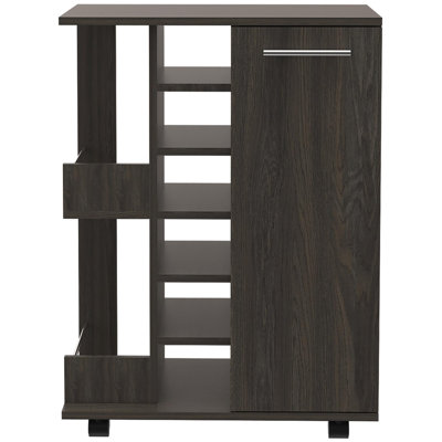 Rolling Bar Cart with Two External Shelves, a Single Door and Six Built-In Wine Rack