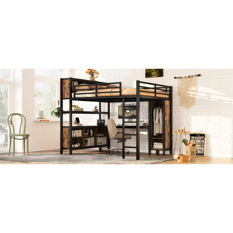 Style moderne, grand lit mezzanine en métal, bureau, rangement, garde-corps complet, lit robuste à assemblage facile avec garde-robe et convient aux pièces