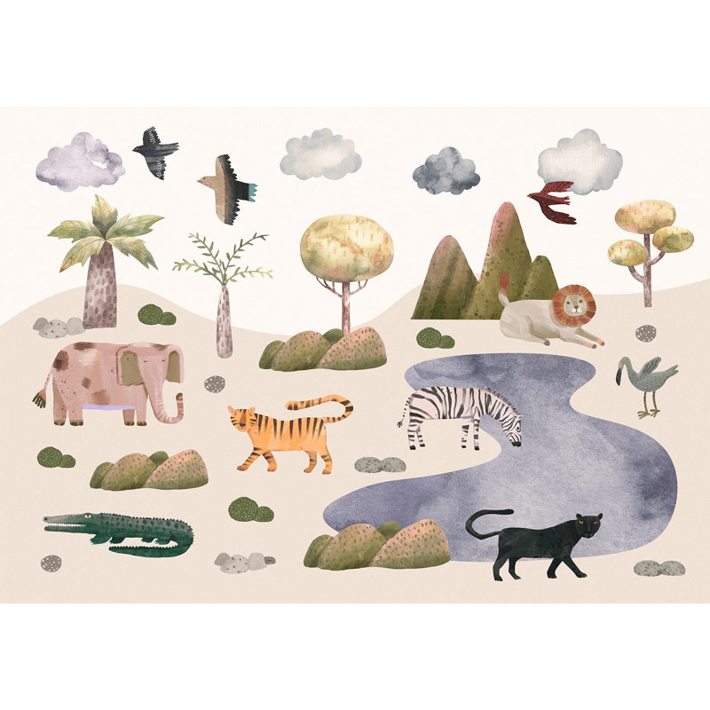 Papier peint pour enfants - Animaux de la savane aux couleurs pastel, L 177 po x L 124 po
