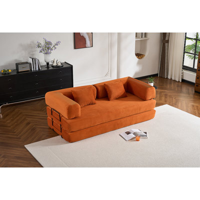 Canapé-lit convertible avec coussin cylindrique, canapé-lit pliant en velours côtelé avec cadre de forme fixe, canapé-lit de salon pour la chambre à coucher (orange)