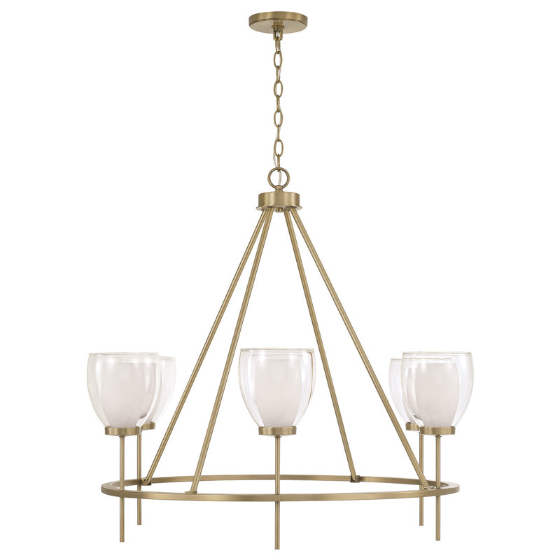 35" W x 31" H 6-Light Ring Chandelier in Aged Brass with Layered White and Clear Glass