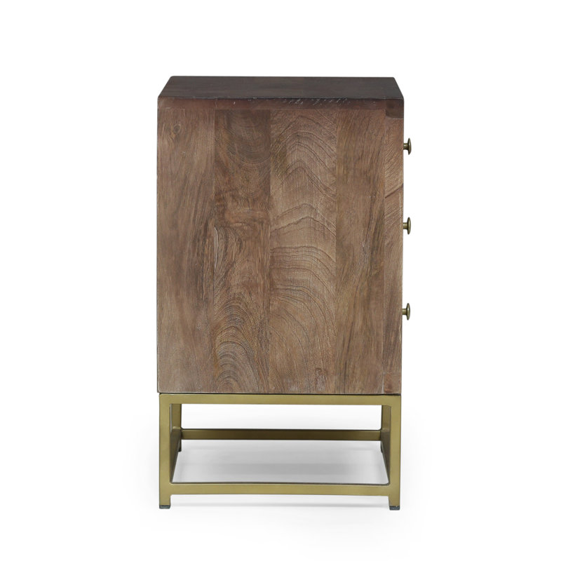 Contemporaty Handcrafted Design Wooden Nightstand With 3 Drawers & Iron Legs