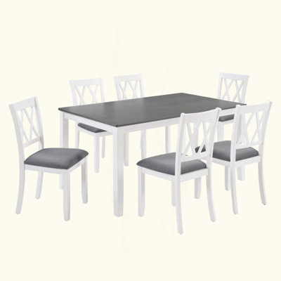 Modern 7-Piece Solid Wood Dining Set with 6 Upholstered Chairs – Two-Tone Rectangular Table for 6, Space-Saving Kitchen & Dining Room Set, Easy Assemb