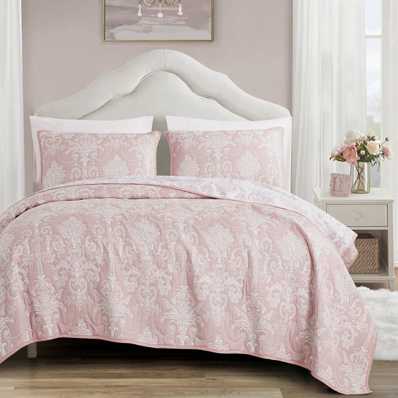 Elegant Pink Matelasse Polycotton Bedspread Set，Queen, Queen Bedspread + 2 Standard Shams