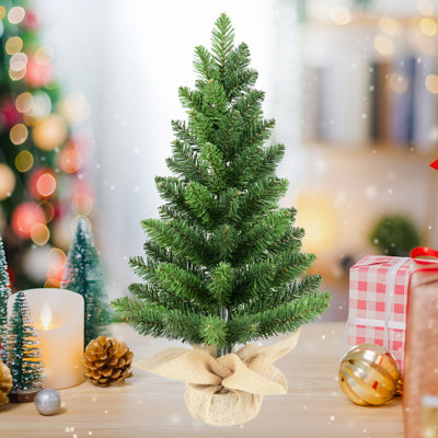 Ensemble de 2 arbres de Noël de table, petits arbres artificiels en PVC avec 68 pointes chacun, base en ciment en toile de jute, mini décorations des Fêtes pour bureau, table, bureau et décoration intérieure