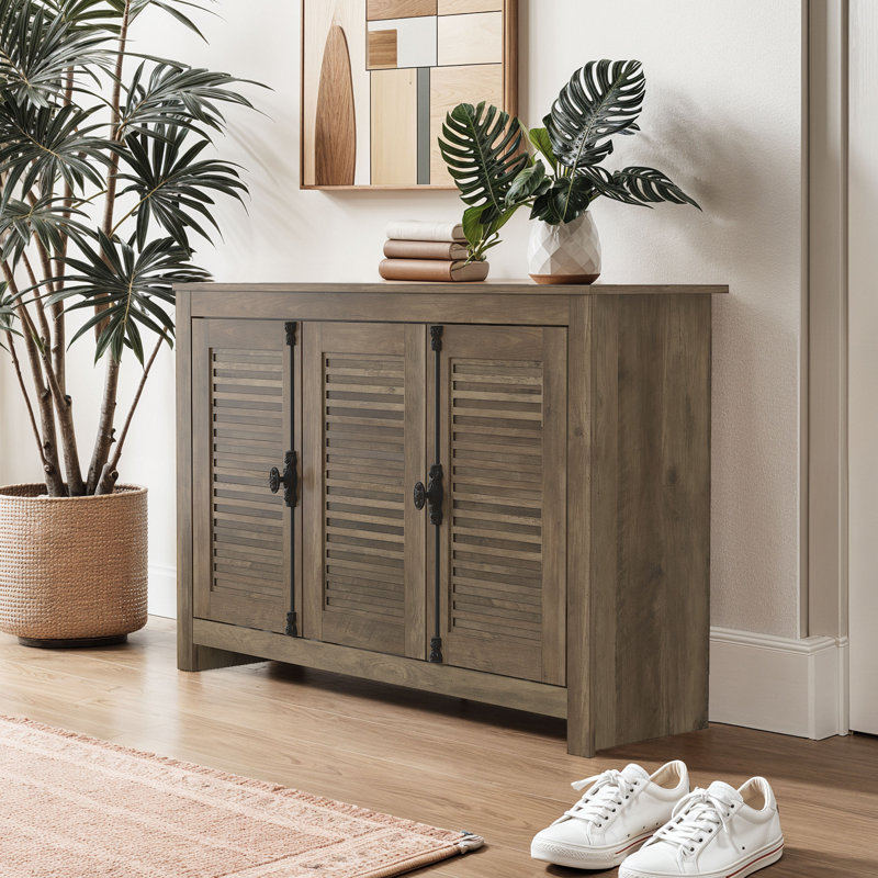 Malyha Farmhouse Louvered 3 Door Shoe Cabinet, Knotty Oak