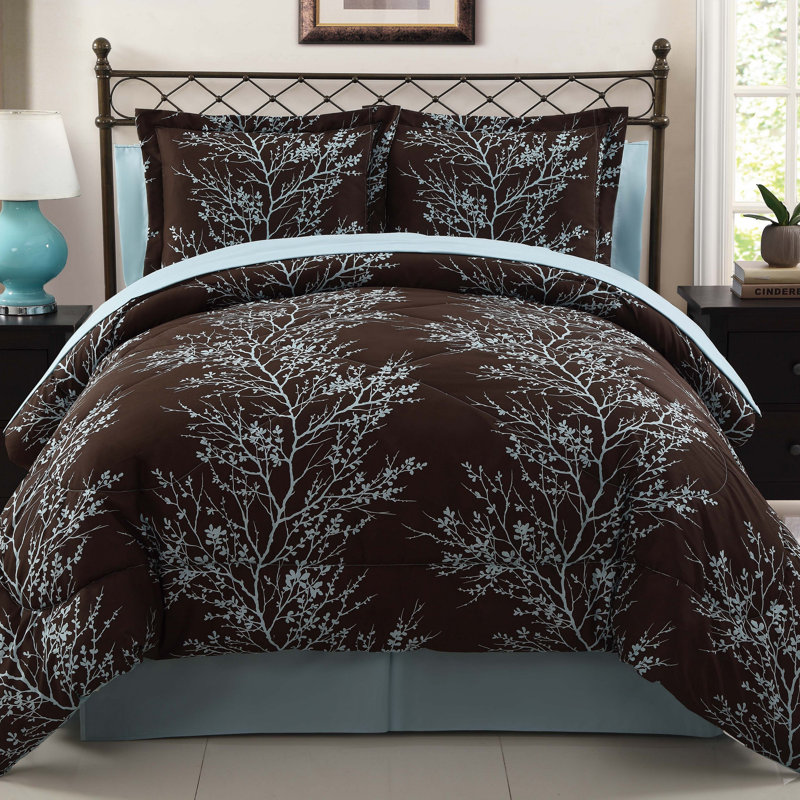 King Blue and Chocolate Floral Microfiber Bed in a Bag Set