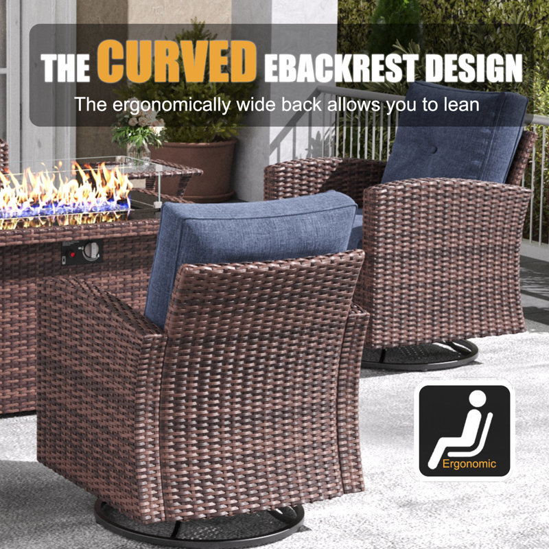 Lark Manor™ 7 Pieces Patio Furniture Set with Swivel Chairs, Rattan Wicker Rocking Glide Chairs with 44" Propane Gas Fire Pit Table Conversation Set
