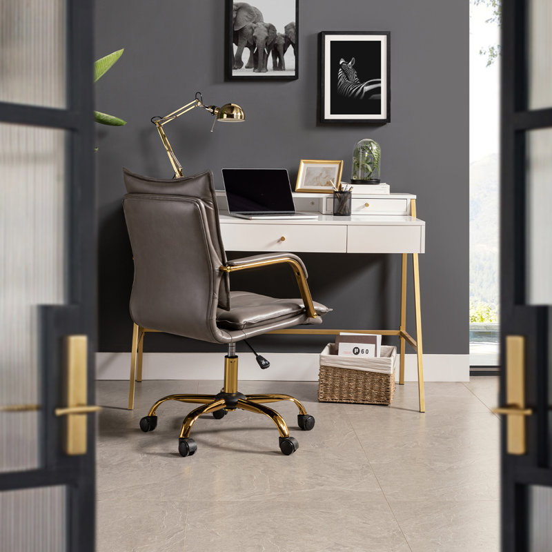 Gedrie Modern Faux Leather Swivel Office Chair, Grey, Gold
