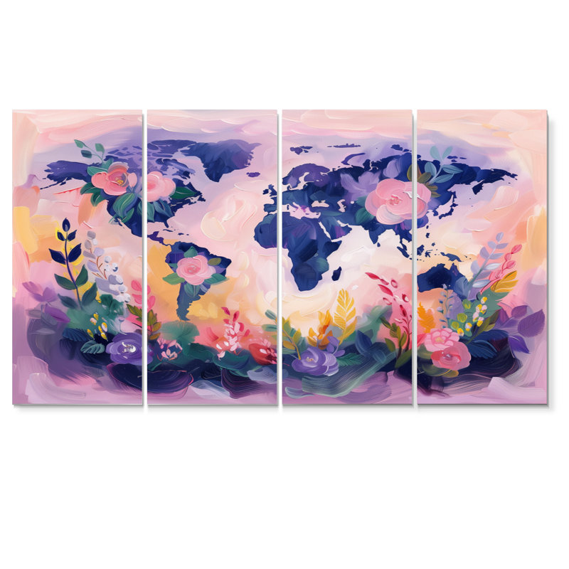 Pink Purple World Map Blooms I - World Map Wall Art Set, 32" H x  64" W