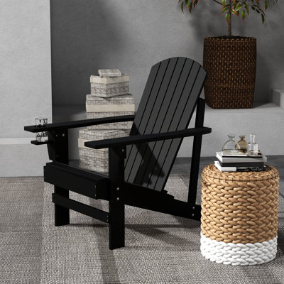 Deck Chair With Cup Holder For Lawn, Wooden , Weather , Black, Garden, Backyard, Fire Pit Black Outdoor Holder, , Patio, Deck,