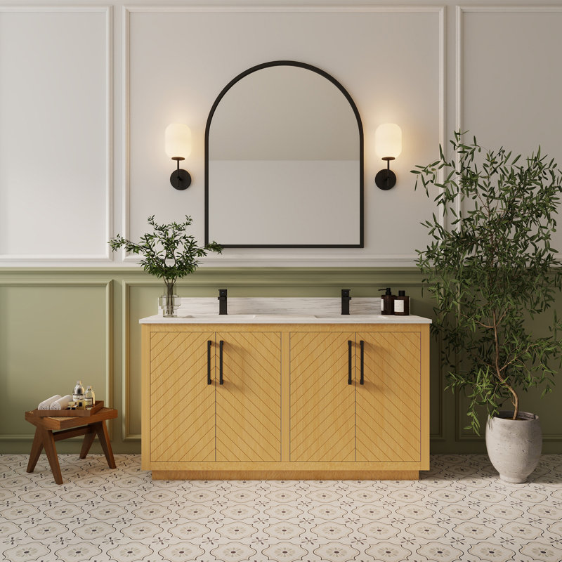 Ensemble de meuble-lavabo double 60 po avec armoire à chevrons en bois 60 po et dosseret en marbre blanc, Chêne clair