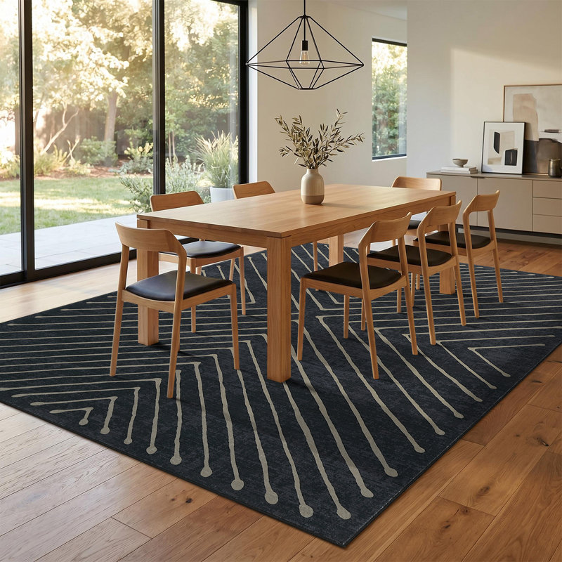 Tapis moderne à rayures lavable avec envers antidérapant pour salon, chambre, salle à manger ou bureau à domicile, Noir