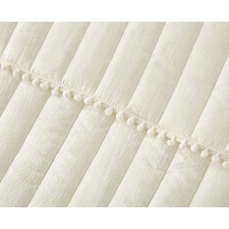 Washed Microfiber Channel Stitch Pom Pom Quilt Set, Queen Quilt + 2 Standard Shams, Ivory
